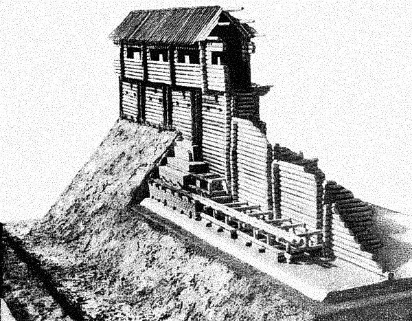 Historical reconstruction showing wooden defensive structures built on Zmiyiv Ramparts